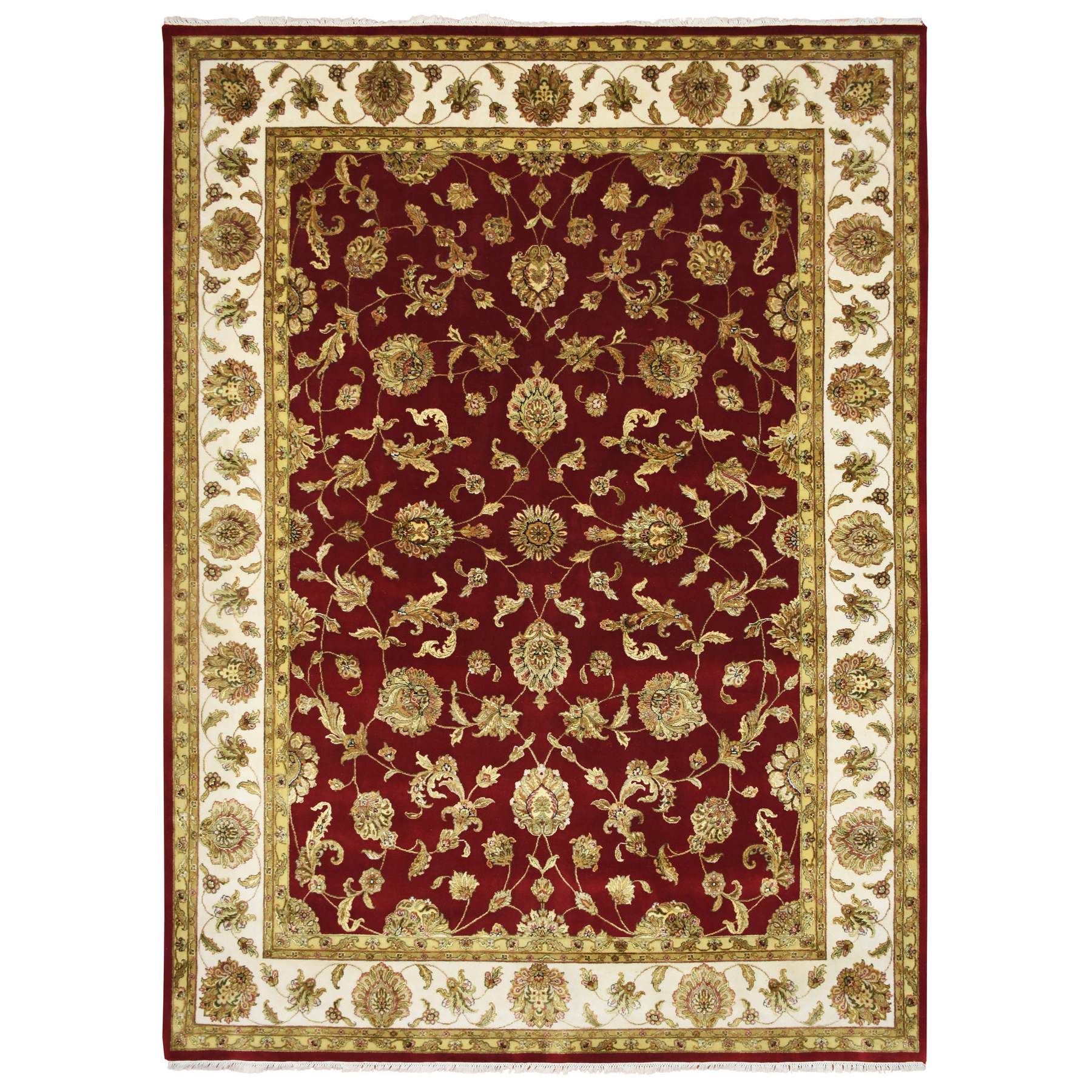 Currant Red, Thick and Plush, Wool and Silk, Soft Pile, Hand Knotted, Rajasthan with All Over Leaf Design, Oriental Rug